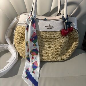 kate spade White & Natural Straw Tote with Red Cherry Charm